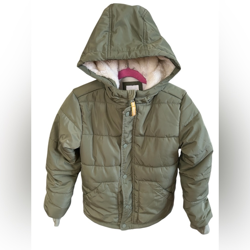 Cat & Jack Olive Cozycore Sherpa Lined Puffer Jacket Hooded Winter Coat Kids 6/7